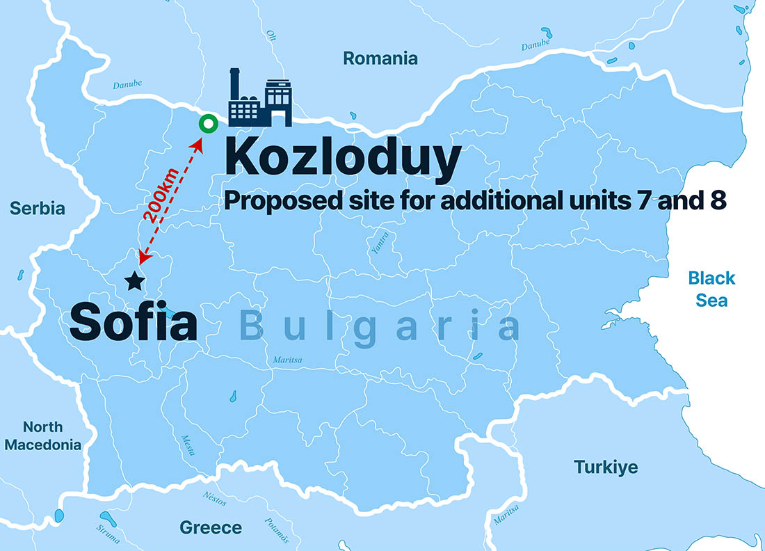 Kozloduy Nuclear Power Plant Location Nap of Kozloduy Nuclear Power Plant, Bulgaria Proposed site for additional units 7 and 8, Sofia, Serbia, North Macedonia, Greece, Turkiye, Black Sea, Romania